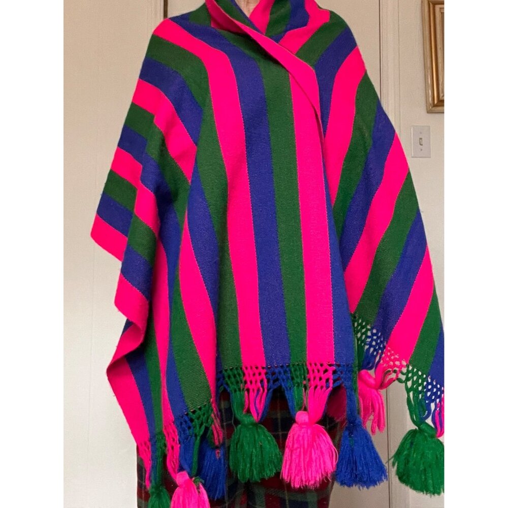 Vintage Handmade Vibrant Stripe Blanket Throw Large Tassels Boho Bright 26x82